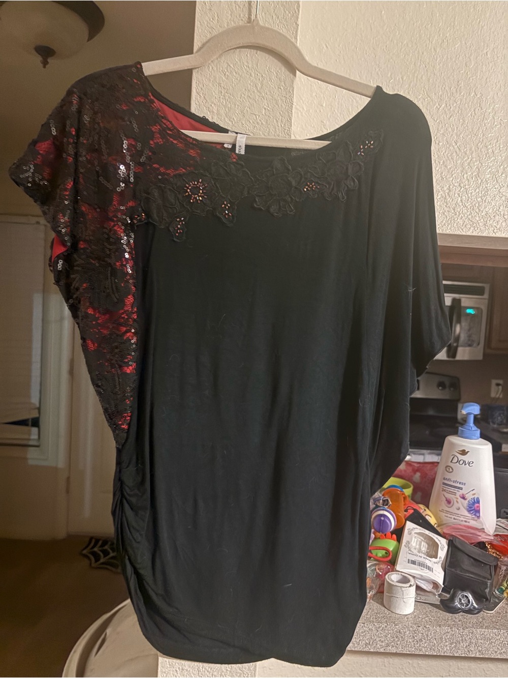 Studio Y Black Top with Red Sequin Accent